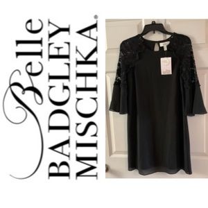 BELLE by Badgley Mischka Mabel Black Lace Shoulder & Sleeve Dress NWT 4